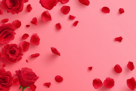 A vibrant display of red roses and scattered petals on a smooth red surface sets a romantic mood, perfect for anniversaries or celebrations filled with love and beauty..の素材