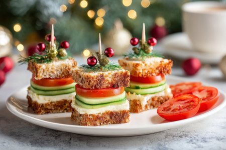Three colorful vegetable appetizers feature layers of cucumber, tomato, and feta cheese on whole grain bread. The setting has warm holiday lights in the background..の素材