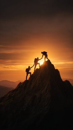 Three hikers climb a steep rocky slope as the sun sets in the background, casting a warm orange glow over the mountain landscape..の素材