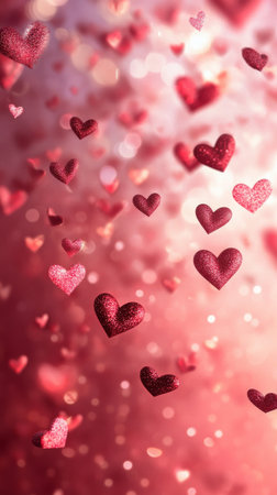 Glittering hearts in shades of red and pink drift through a dreamy backdrop, setting a romantic mood for a celebratory event filled with love and joy.の素材