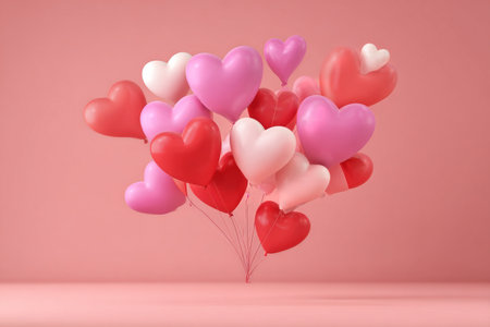 Heart-shaped balloons in various colors are gathered together, creating a bright and cheerful display against a soft pink background. Ideal for celebrations and special occasions.の素材