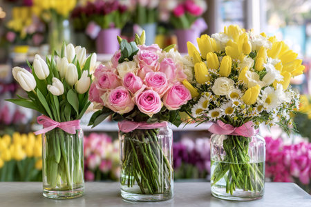 Colorful bouquets of roses, tulips, and mixed flowers are displayed in glass jars with pink ribbons. The flower shop has a bright, inviting interior filled with greenery and fresh blooms..の素材