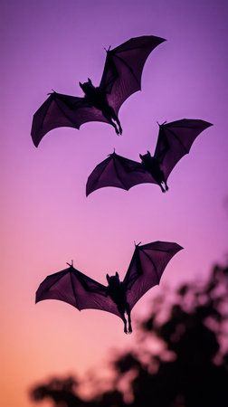 Bats glide gracefully through the evening sky, their wings spread wide. The backdrop is a striking purple hue, creating an enchanting natural scene at dusk..の素材