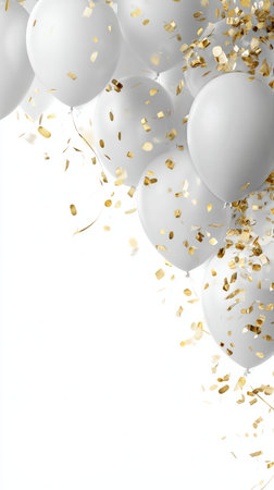 White balloons are scattered on a light surface with shimmering gold confetti, creating an inviting scene for parties or special gatherings filled with joy and celebration..の素材