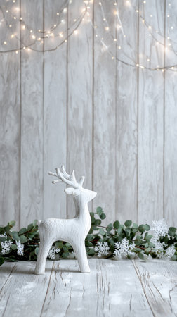 A white reindeer figurine stands on a rustic wooden table decorated with greenery and twinkling lights, creating a warm and festive ambiance perfect for the holiday season.の素材