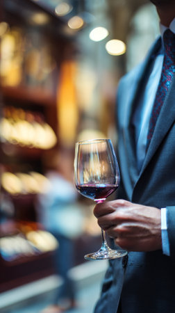 A man in a suit holds a glass of white wine while surrounded by shelves full of wine bottles. The ambiance is warm and inviting, perfect for socializing..の素材
