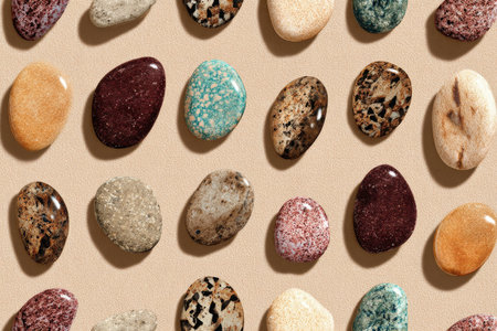 A variety of decorative stones in different colors and patterns are laid out on a smooth light surface. The stones display unique shapes, textures, and colors that catch the eye..の素材