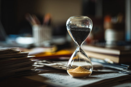 An hourglass with yellow sand rests next to piles of papers and a book on a desk. The setting is an office filled with paperwork and a busy atmosphere in the afternoon light..の素材