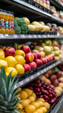Brightly colored fruits like apples, lemons, and cucumbers are displayed on supermarket shelves alongside refreshing beverages, inviting shoppers to explore healthy options.の素材