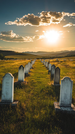 Warm sunlight illuminates gravestones in a serene cemetery, creating a tranquil atmosphere as the day closes and shadows stretch across the ground..の素材