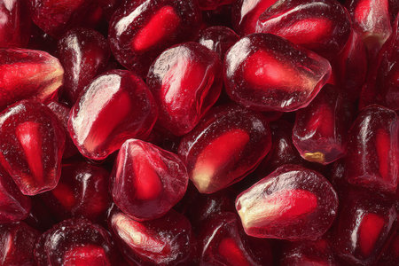 Bright red pomegranate seeds are arranged closely together, showing their shiny, juicy texture. This vibrant display highlights their delicious appeal ready for enjoying.の素材