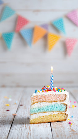 A slice of birthday cake features layers of pink, blue, and yellow frosting topped with rainbow sprinkles. A lit candle stands tall on the cake amid colorful bunting decorations.の素材