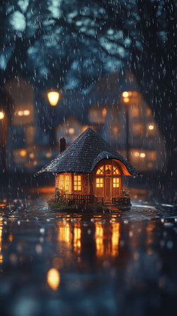 A warm, glowing cottage is surrounded by heavy rain, creating a serene atmosphere. The scene captures reflections on the water, enhancing the cozy appeal of the house at night.の素材