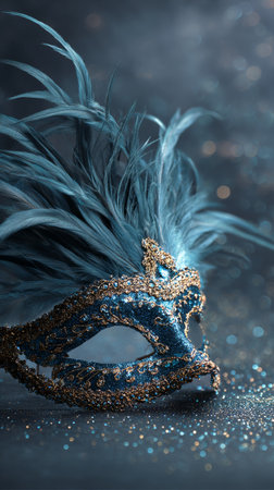 A stunning blue mask adorned with feathers and glitter is displayed beautifully on a surface. The mask features intricate designs, shimmering in the soft light.の素材