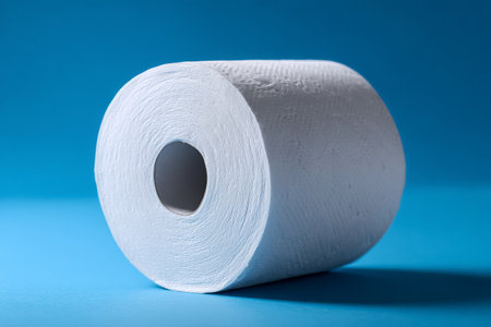 A white paper towel roll sits upright on a smooth blue surface. The roll is clean and plain, ideal for various cleaning tasks in a household or office setting.の素材