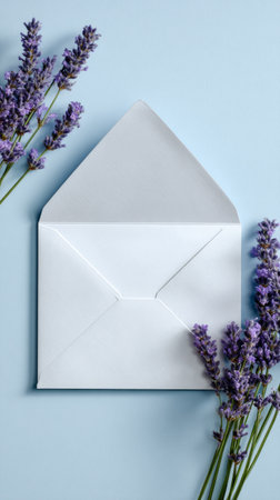 A white envelope is placed on a soft blue surface next to a cluster of fresh lavender flowers. The arrangement creates a calm and inviting scene perfect for personal notes or greetings..の素材