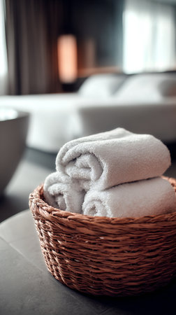 Neatly folded white towels sit in a woven basket. The cozy room has soft lighting and comfortable furniture, creating a relaxing atmosphere for guests.の素材