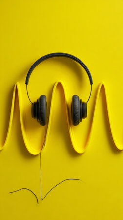 Bright yellow background features a pair of headphones resting on stylized sound waves made of curved strips. The modern design captures the essence of music and audio experience.の素材