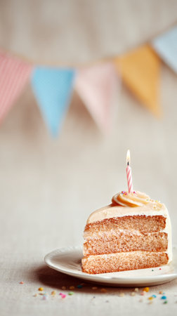 A slice of birthday cake features layers of pink, blue, and yellow frosting topped with rainbow sprinkles. A lit candle stands tall on the cake amid colorful bunting decorations..の素材