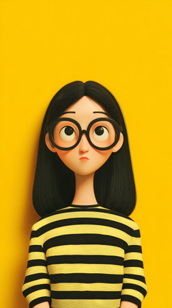 A girl with black hair and round glasses stands in front of a vibrant yellow background. She wears a striped shirt and looks thoughtfully into the distance.の素材