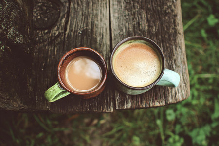Two different coffee cups sit on a rustic wooden table surrounded by grass and greenery in bright daylight..の素材
