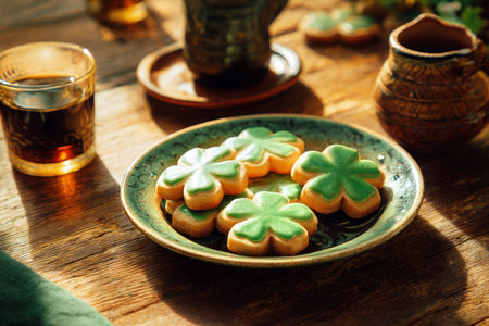 A plate holds beautifully decorated green frosted cookies shaped like clovers. Sunlight casts soft shadows on the wooden table, creating a cozy atmosphere for a spring gathering..の素材