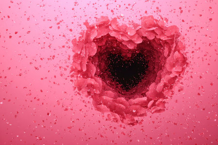 Pink flower petals form a heart shape surrounded by sparkling glitter on a bright, festive pink background, evoking feelings of love and joy during special occasions.の素材