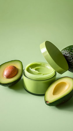 A jar of smooth avocado cream is open beside two halved avocados on a soft green background. This scene highlights natural beauty and skincare benefits.の素材
