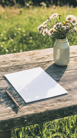 A rustic wooden table holds a blank sheet of paper and a gold pen, while a small vase with fresh flowers adds a touch of nature in a sunny garden setting..の素材