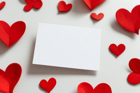 A blank white card sits at the center, surrounded by various red paper hearts. These heart shapes create a cheerful and festive atmosphere, perfect for expressing love.の素材