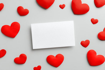 A blank white card sits at the center, surrounded by various red paper hearts. These heart shapes create a cheerful and festive atmosphere, perfect for expressing love..の素材