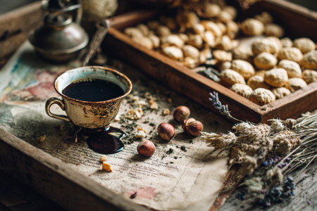 A warm coffee cup sits on a rustic wooden tray filled with assorted nuts. Nearby are dried flowers and old text, creating a cozy and inviting atmosphere for relaxation.の素材