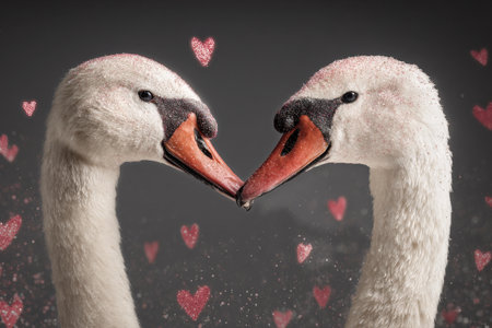 Two elegant swans form a heart shape with their necks, surrounded by falling pink heart confetti against a dark backdrop, capturing a romantic moment..の素材