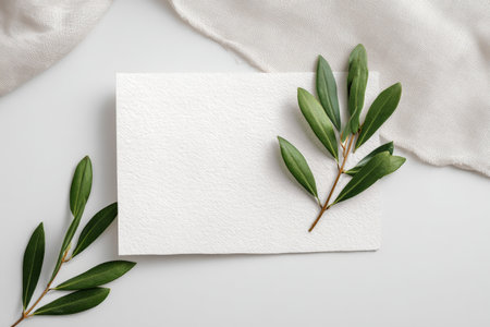 A simple arrangement featuring a sprig of green leaves next to a blank textured piece of paper on a light background, creating a serene and minimalist vibe..の素材