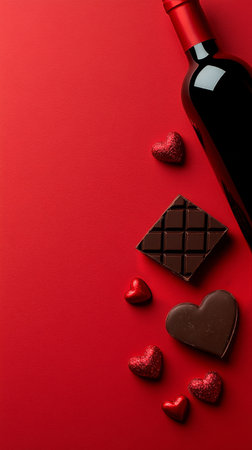 A cozy arrangement featuring a bottle of red wine, a glass, chocolate pieces, nuts, and heart-shaped decorations on a vibrant red background, perfect for a romantic occasion..の素材
