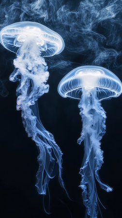 Translucent jellyfish glide through dark waters, their tentacles trailing behind them. The scene captures the beauty and wonder of marine life in a calm and mysterious environment..の素材
