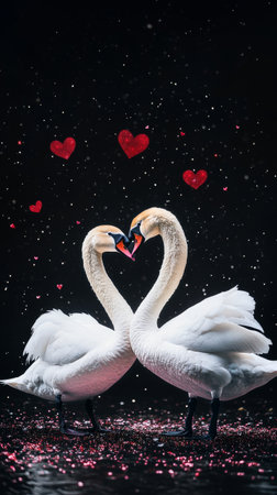 Two elegant swans curve their necks to form a heart shape, with sparkling water droplets, while vibrant hearts float above against a dark background..の素材