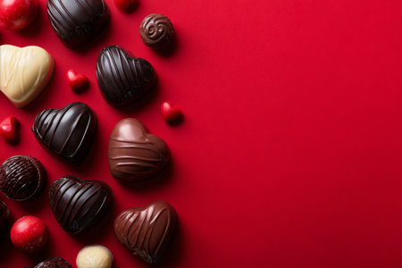 Heart-shaped candies are spread across a vibrant red surface, perfect for romantic celebrations like anniversaries or Valentines Day. The shiny sweets add a festive touch to any setting..の素材