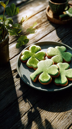 A plate holds beautifully decorated green shamrock cookies, perfect for celebrating a festive occasion. The cookies are bright and inviting against a rustic wooden background..の素材