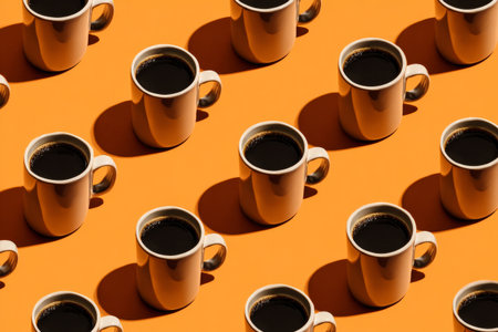 A collection of coffee mugs filled with dark coffee sits in a neat pattern against a bright orange background, creating a warm and inviting atmosphere perfect for coffee lovers.の素材