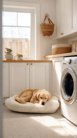 A golden retriever sleeps peacefully on a soft dog bed in a bright laundry room, surrounded by cabinets and plants. Sunlight filters through the window, adding warmth to the scene.の素材
