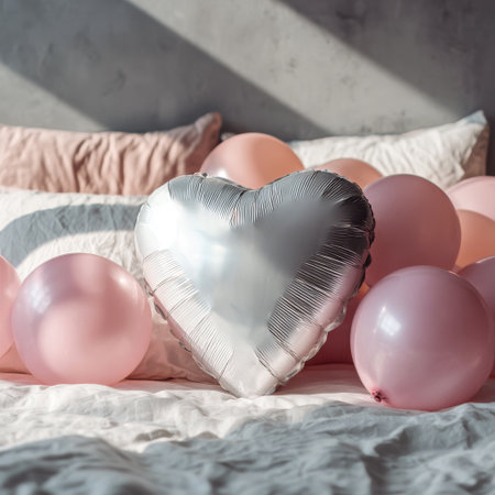 A large pink heart-shaped balloon sits on a white bed surrounded by smaller pink balloons. The soft pillows and gray wall create a warm atmosphere, perfect for a celebration..の素材