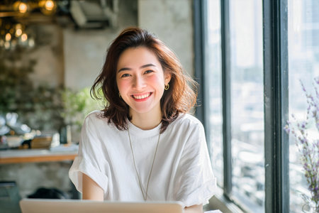 A cheerful woman with brown hair sits at a table in a modern cafe, focused on her laptop. Sunlight streams through large windows, creating a warm atmosphere.の素材