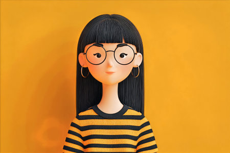 A 3D character with long black hair and glasses stands in front of a vibrant yellow background. The character wears a black and yellow striped shirt, giving a playful vibe.の素材