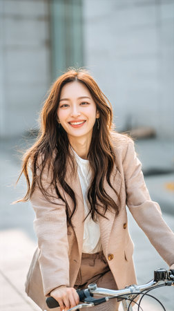 A young woman with long hair rides a bicycle, wearing a chic outfit of a beige suit and white top. She smiles brightly, enjoying a sunny day in an urban area..の素材