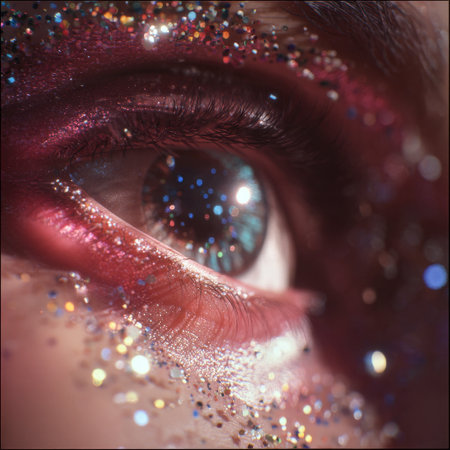 A close-up view of an eye adorned with colorful glitter and shimmering shades. The makeup highlights the beauty and reflects light, creating a stunning visual effect.の素材
