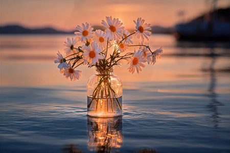 A glass vase filled with daisies rests on the surface of calm water during sunset. The gentle light creates a serene atmosphere, highlighting the beauty of the flowers.の素材