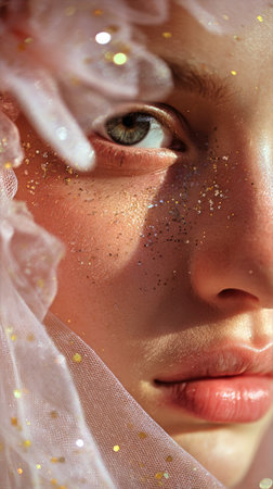 A young girl showcases her beauty with shimmering makeup and delicate fabric around her face during a creative indoor photoshoot, highlighting her expressive features..の素材