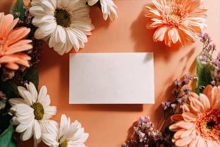 A blank card is placed gently on a soft peach background, surrounded by beautiful cherry blossom branches in full bloom. The scene captures a serene and artistic moment..の素材