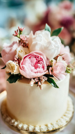 A stunning cake is adorned with a variety of pink and white flowers, including peonies and cherry blossoms. This elegant decoration adds charm for a special occasion or event..の素材